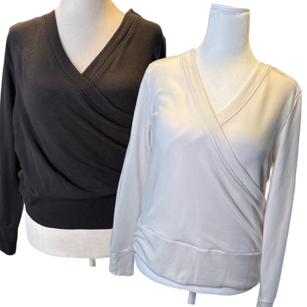 ATHLETA Wrap-Front Long Sleeve Tops I Bundle (2) - Large | 1x Black & 1x White
